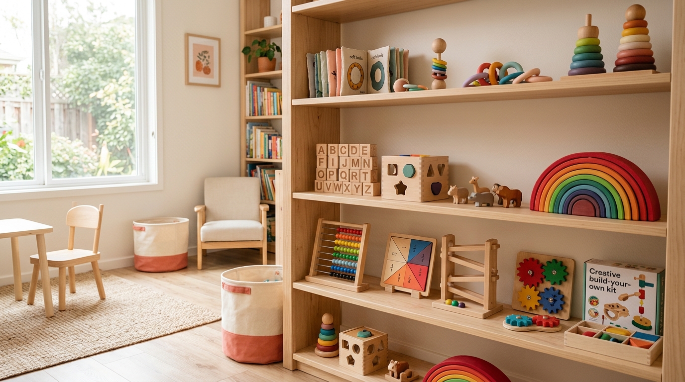 Bright playroom with wooden educational toys arranged by age group on shelves
