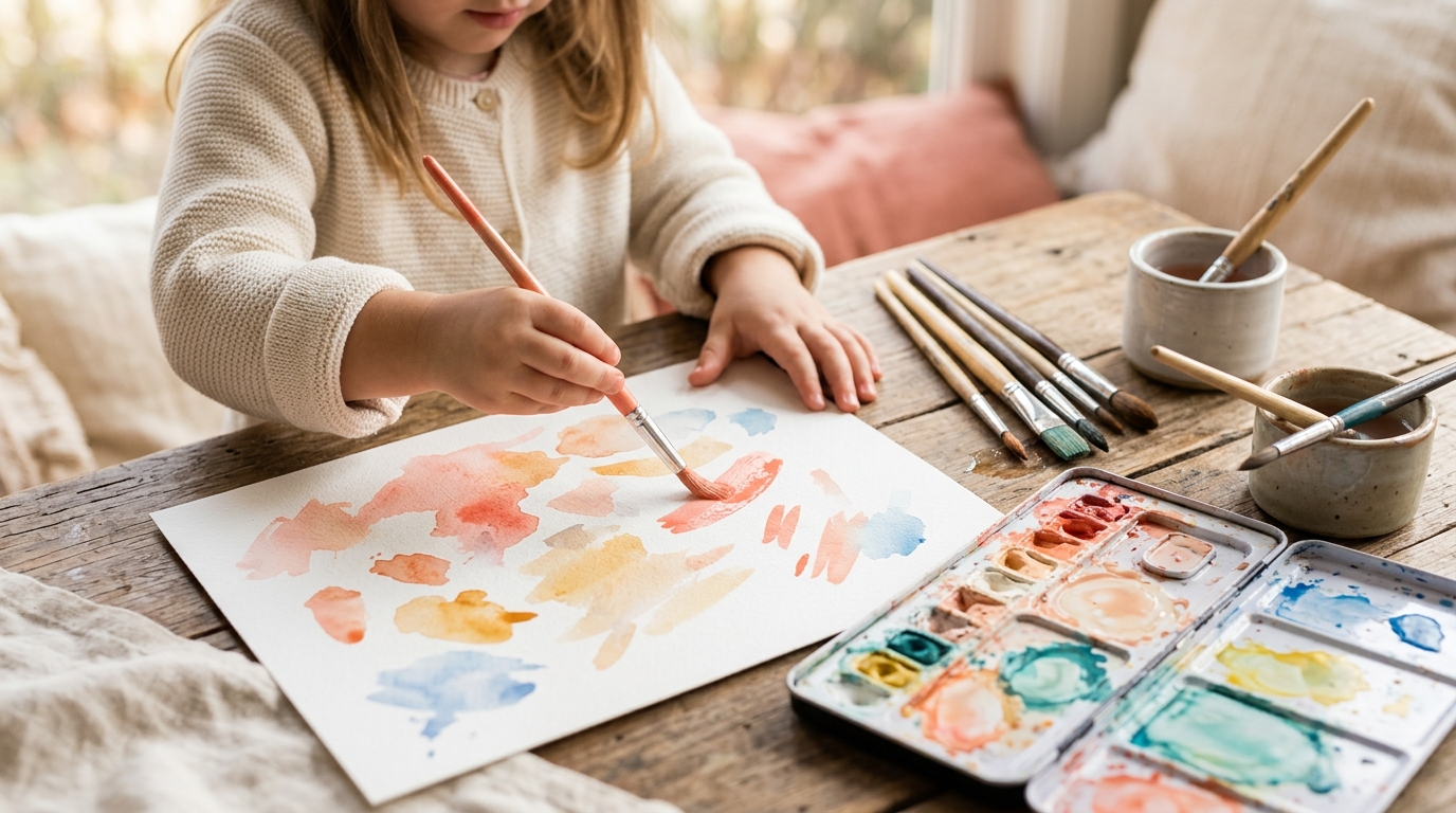 Child's hands painting with watercolors on white paper with a colorful paint palette nearby