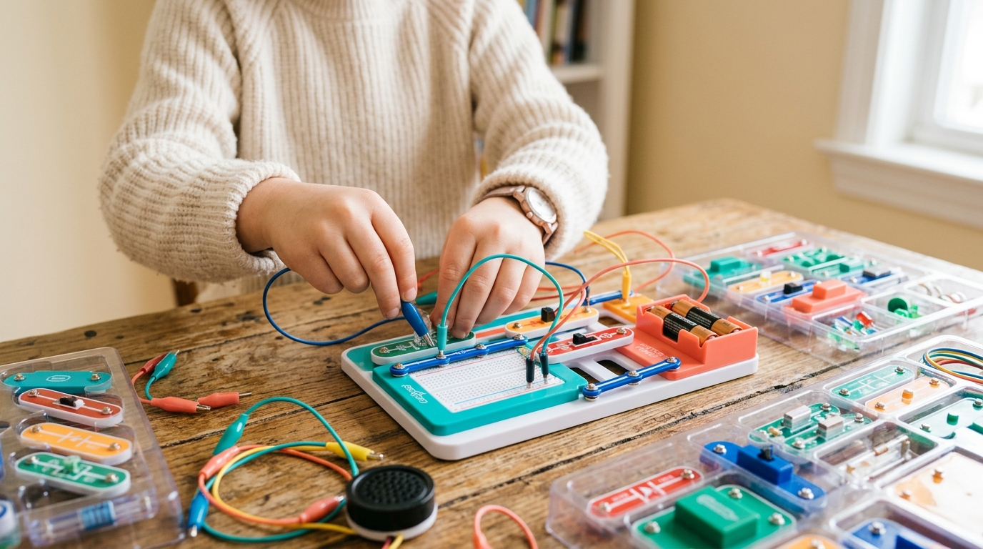 Child's hands building a colorful circuit kit with electronic components on a wooden table