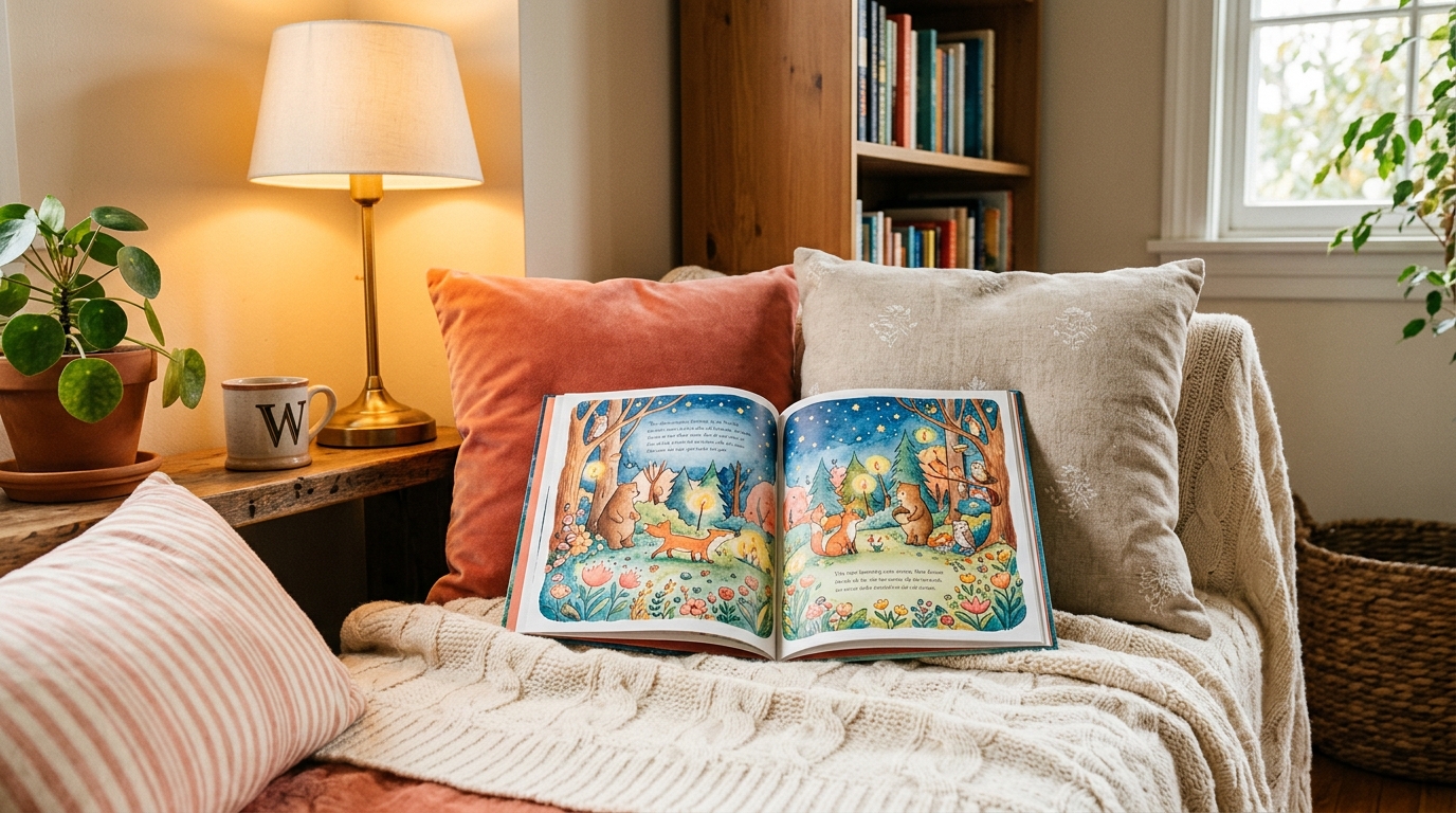 Open colorful children's storybook in a cozy reading nook with soft blankets and pillows