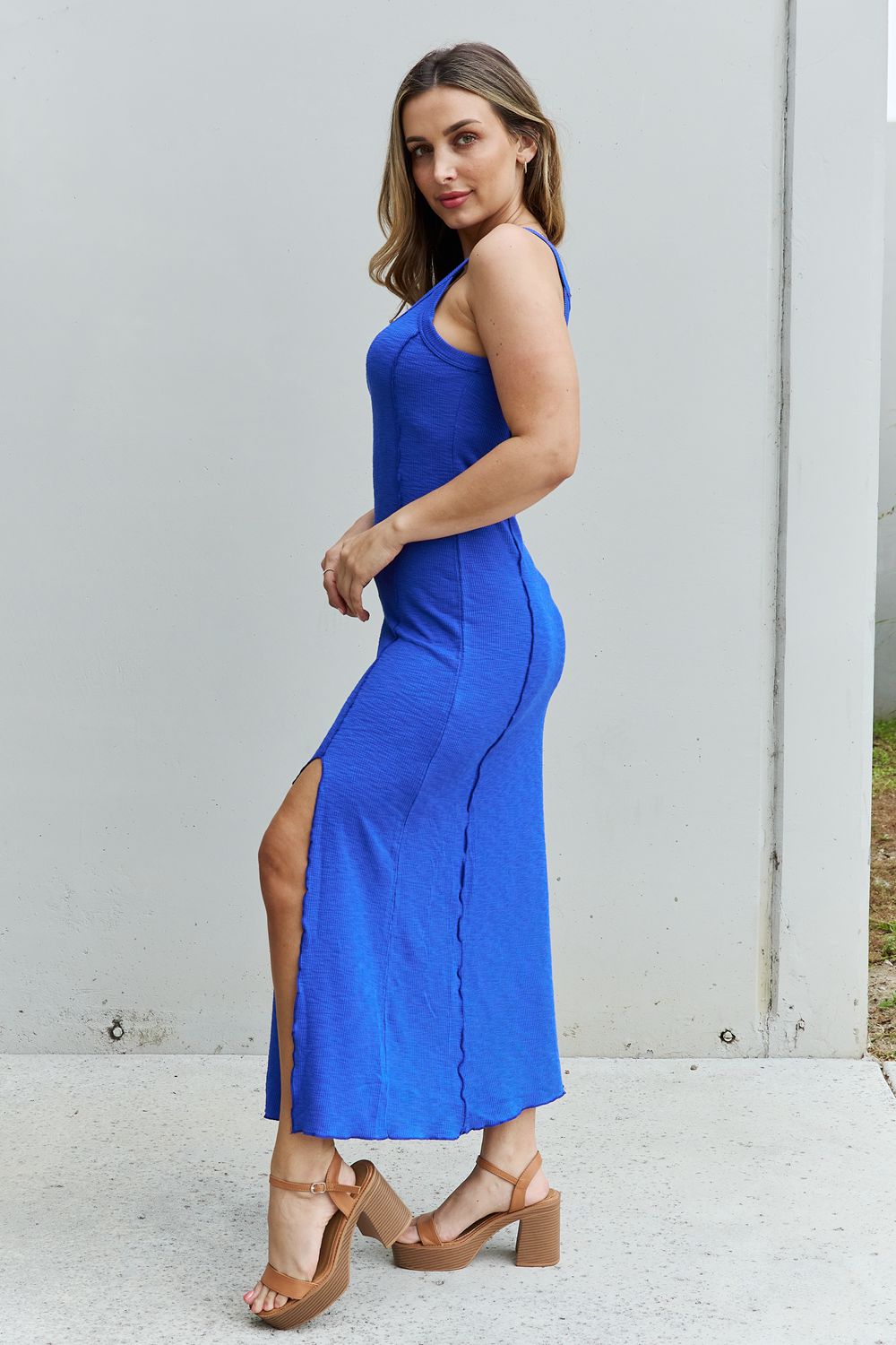 Culture Code Look At Me Full Size Notch Neck Maxi Dress with Slit in Cobalt Blue - Lindsay's Shop