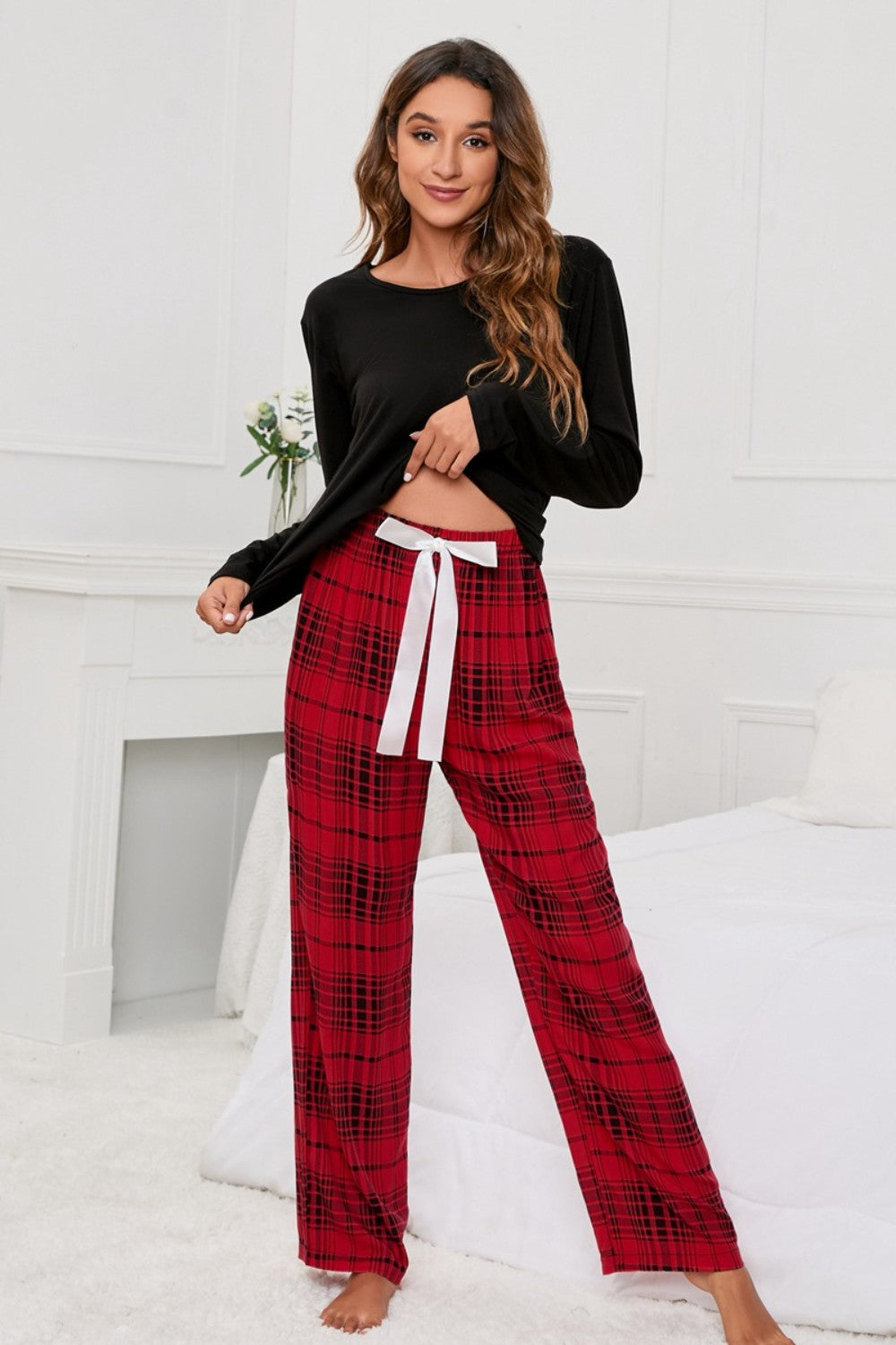 Round Neck Long Sleeve Top and Bow Plaid Pants Lounge Set - Lindsay's Shop