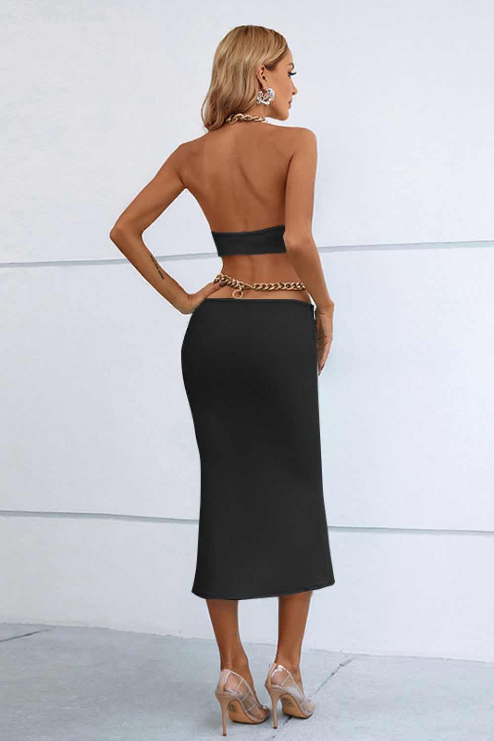 Back of black Chunky Chain Halter Neck Cutout Mini Bodycon Dress - Lindsay's Shop