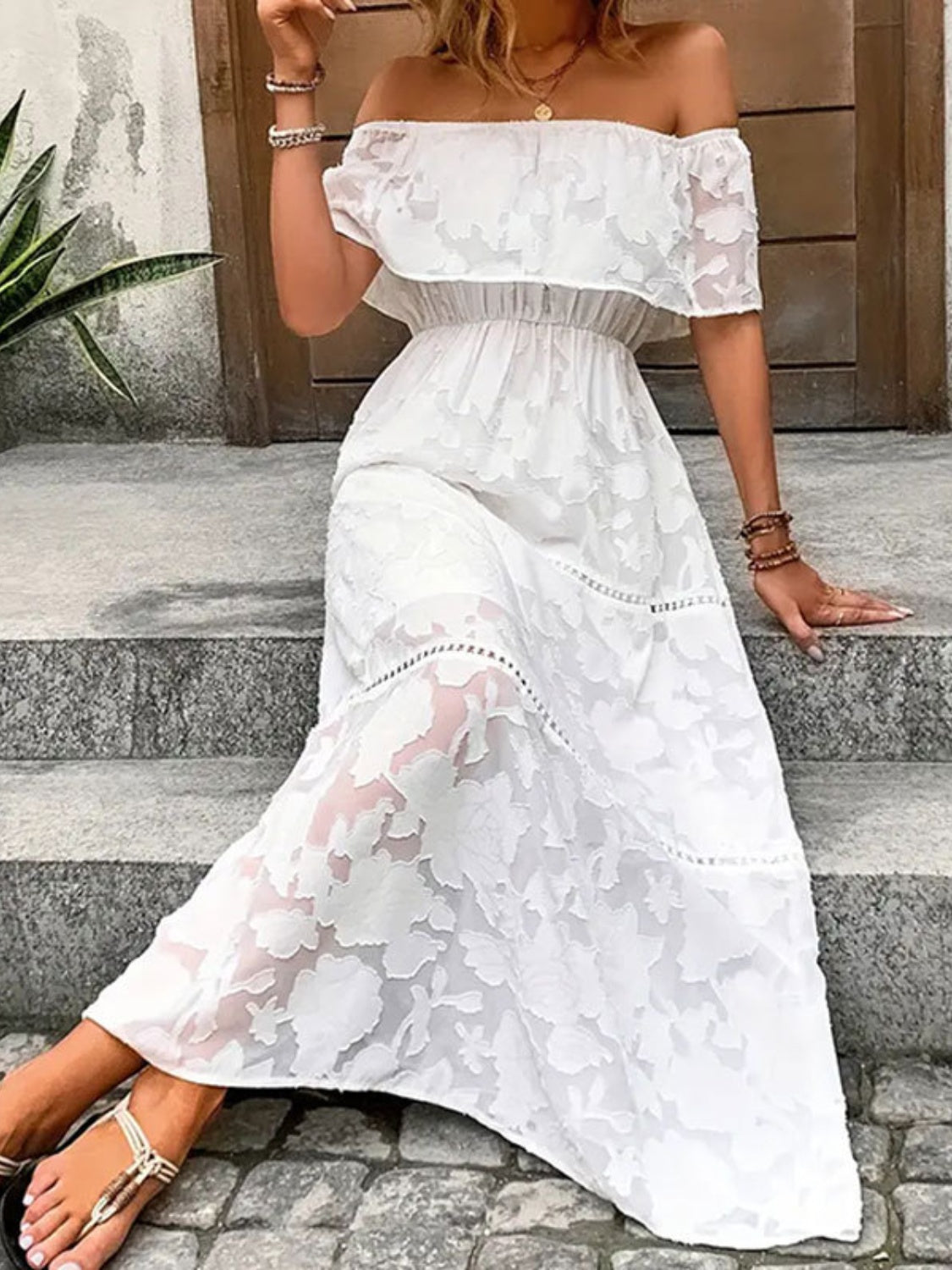 Off-Shoulder Short Sleeve Maxi Dress - Lindsay's Shop