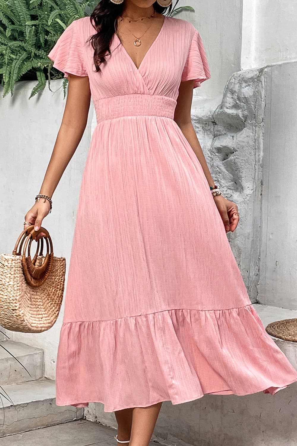 Surplice Neck Smocked Waist Flutter Sleeve Dress - Lindsay's Shop