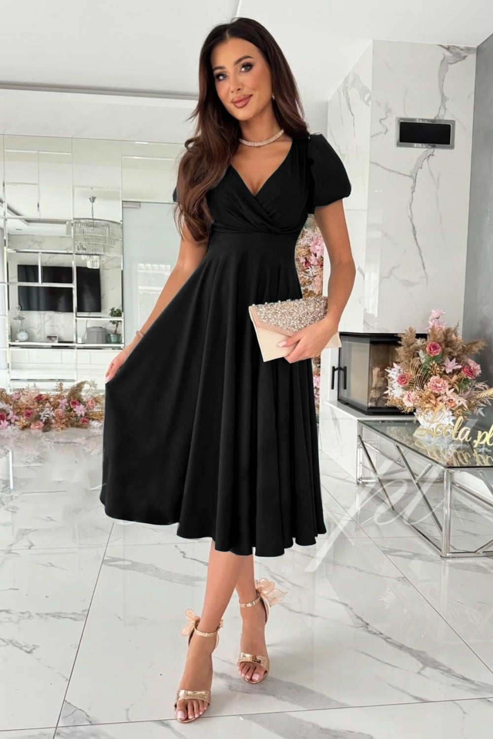 Surplice Puff Sleeve Midi Dress - Lindsay's Shop