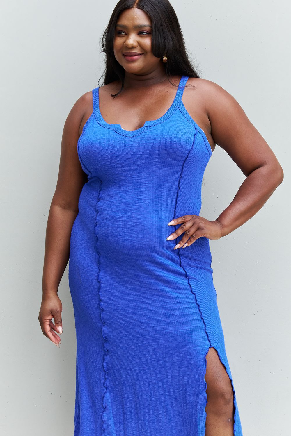 Culture Code Look At Me Full Size Notch Neck Maxi Dress with Slit in Cobalt Blue - Lindsay's Shop