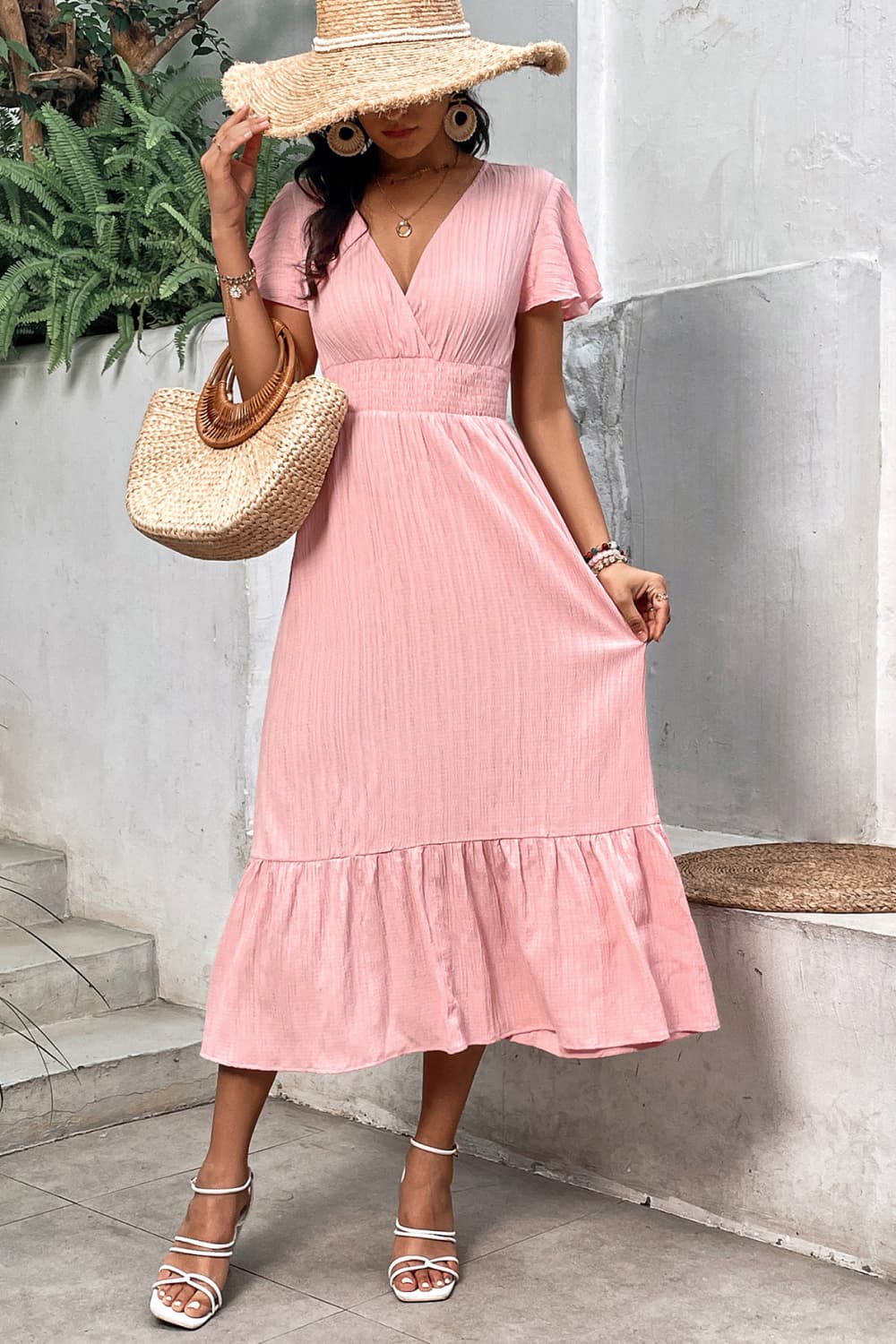 Surplice Neck Smocked Waist Flutter Sleeve Dress - Lindsay's Shop