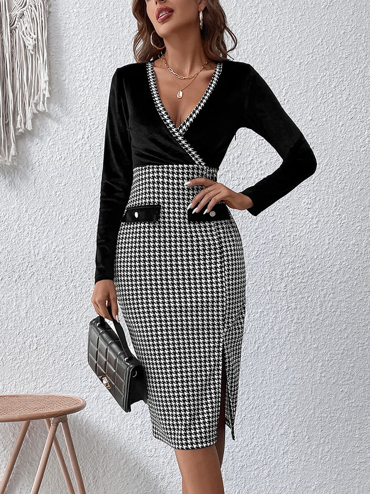 Surplice Neck Houndstooth Dress - Lindsay's Shop