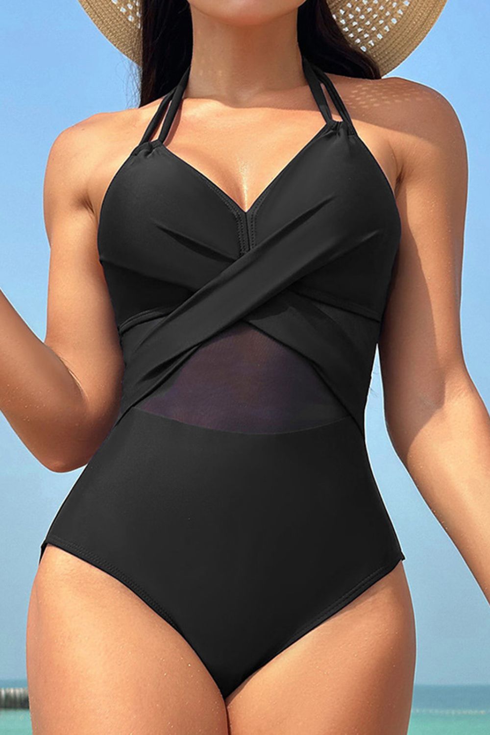 Front of black Crisscross Halter Neck One-Piece Swimwear - Lindsay's Shop