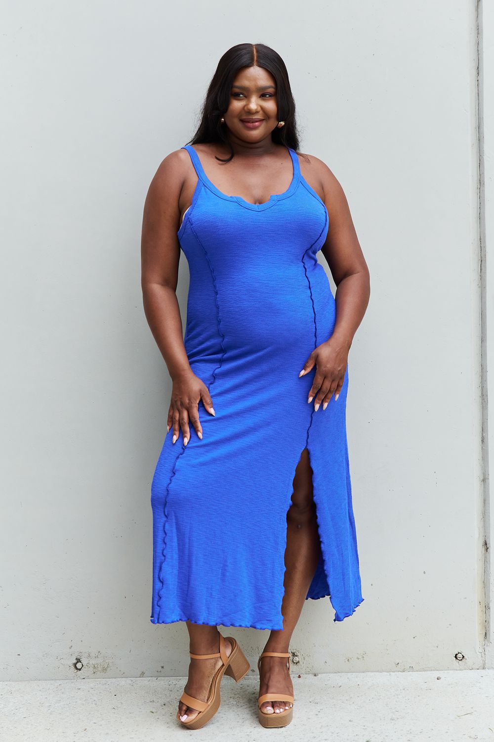 Culture Code Look At Me Full Size Notch Neck Maxi Dress with Slit in Cobalt Blue - Lindsay's Shop