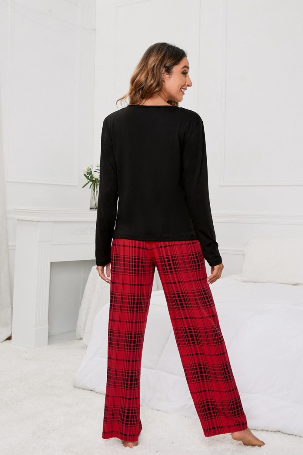 Round Neck Long Sleeve Top and Bow Plaid Pants Lounge Set - Lindsay's Shop