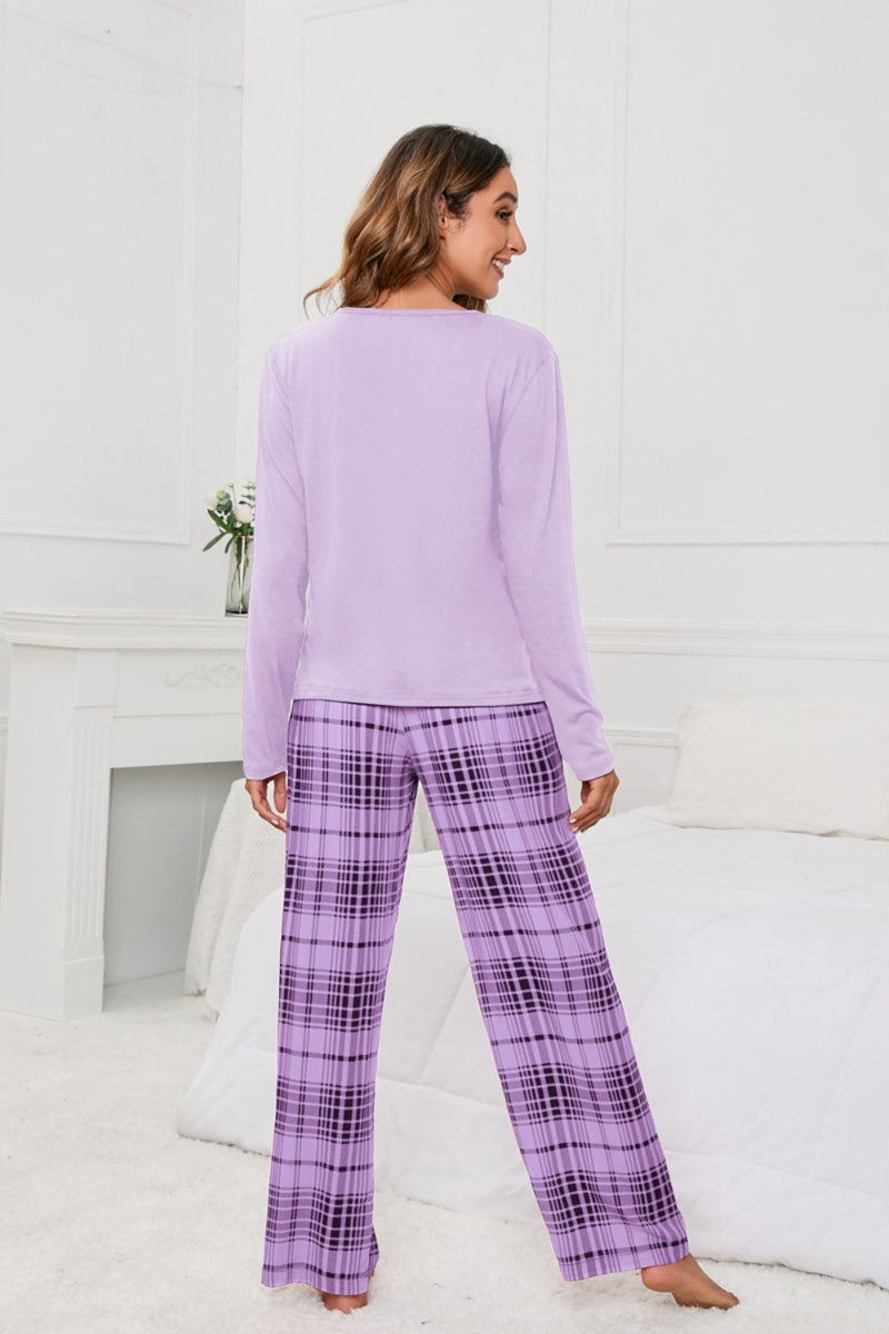 Round Neck Long Sleeve Top and Bow Plaid Pants Lounge Set - Lindsay's Shop