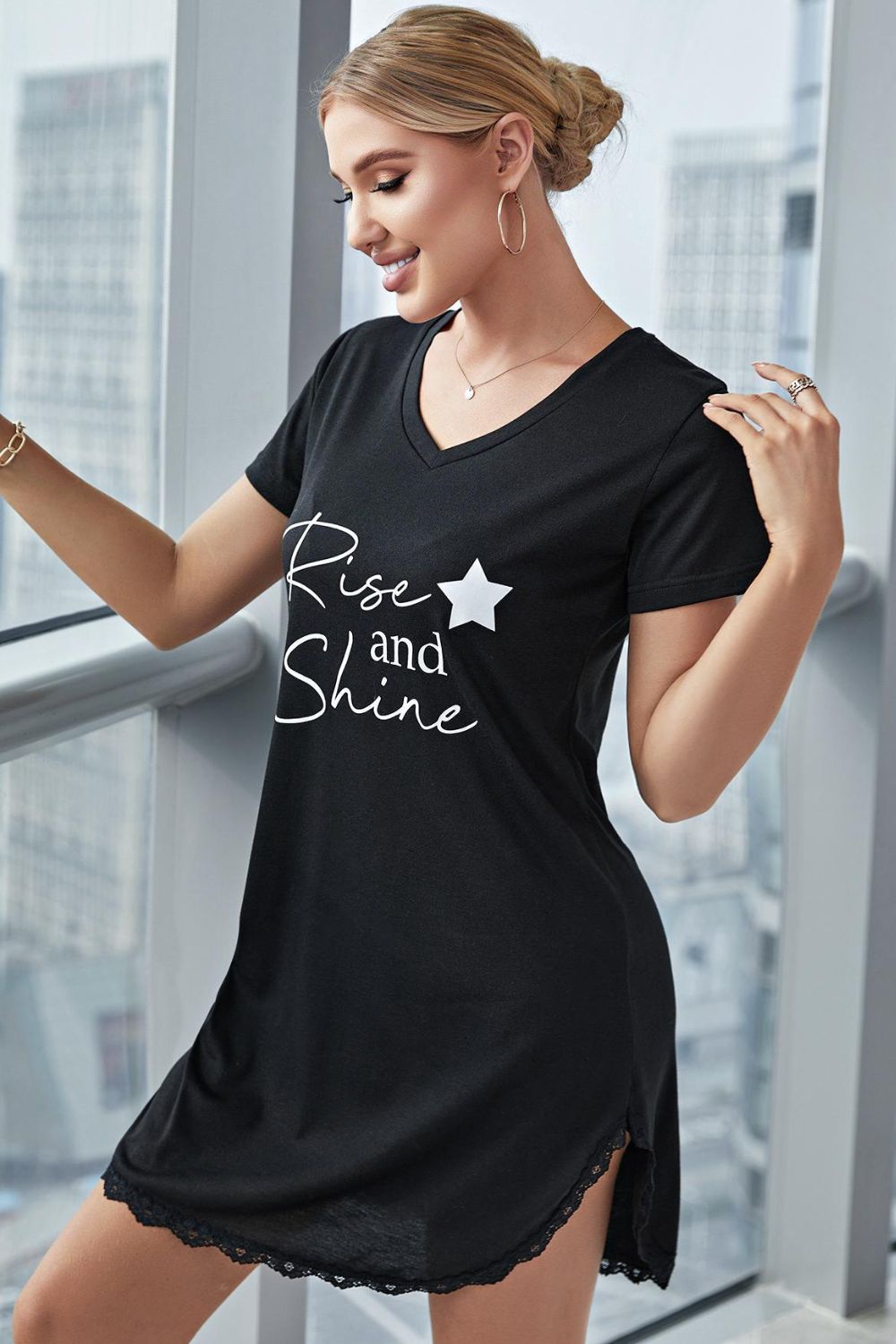 RISE AND SHINE Contrast Lace V-Neck T-Shirt Dress - Lindsay's Shop