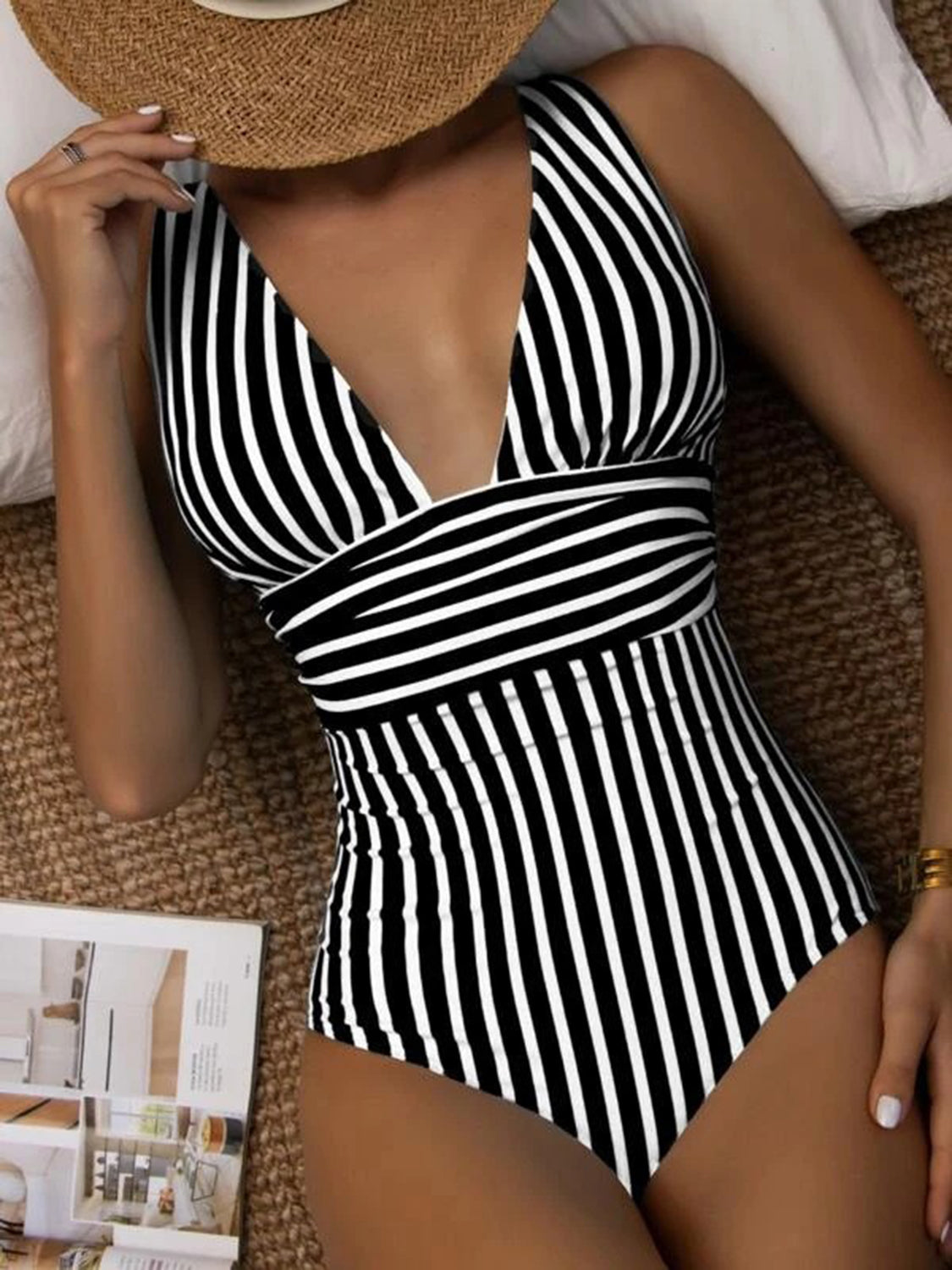 Striped Plunge Sleeveless One-Piece Swimwear - Lindsay's Shop