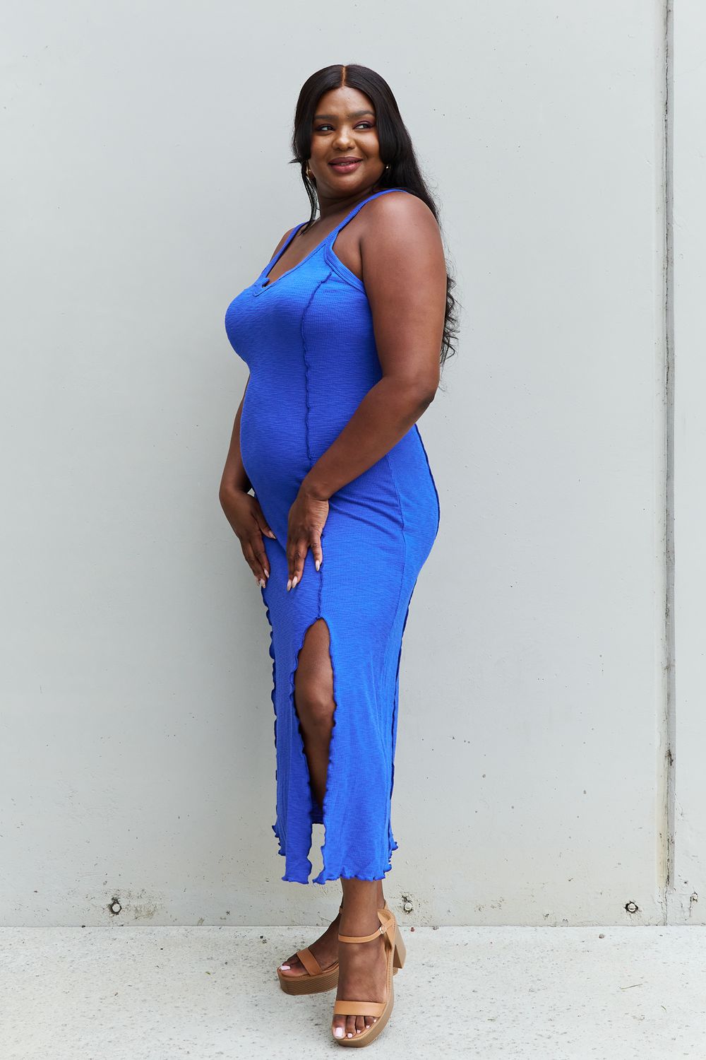 Culture Code Look At Me Full Size Notch Neck Maxi Dress with Slit in Cobalt Blue - Lindsay's Shop