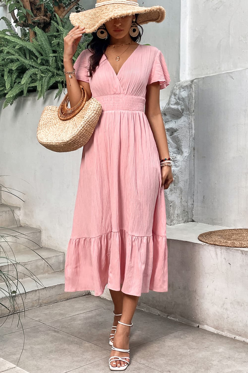 Surplice Neck Smocked Waist Flutter Sleeve Dress - Lindsay's Shop