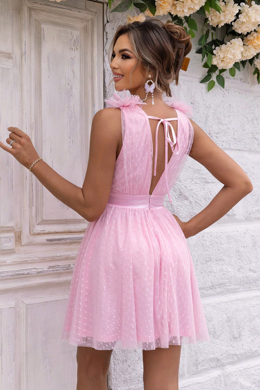 Back of pink Open Back Sleeveless Mesh Dress - Lindsay's Shop