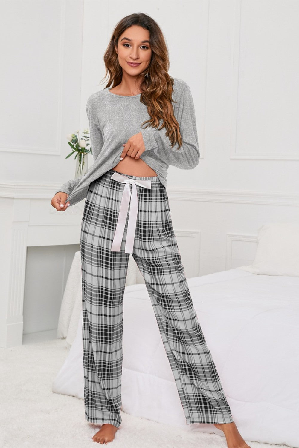 Round Neck Long Sleeve Top and Bow Plaid Pants Lounge Set - Lindsay's Shop