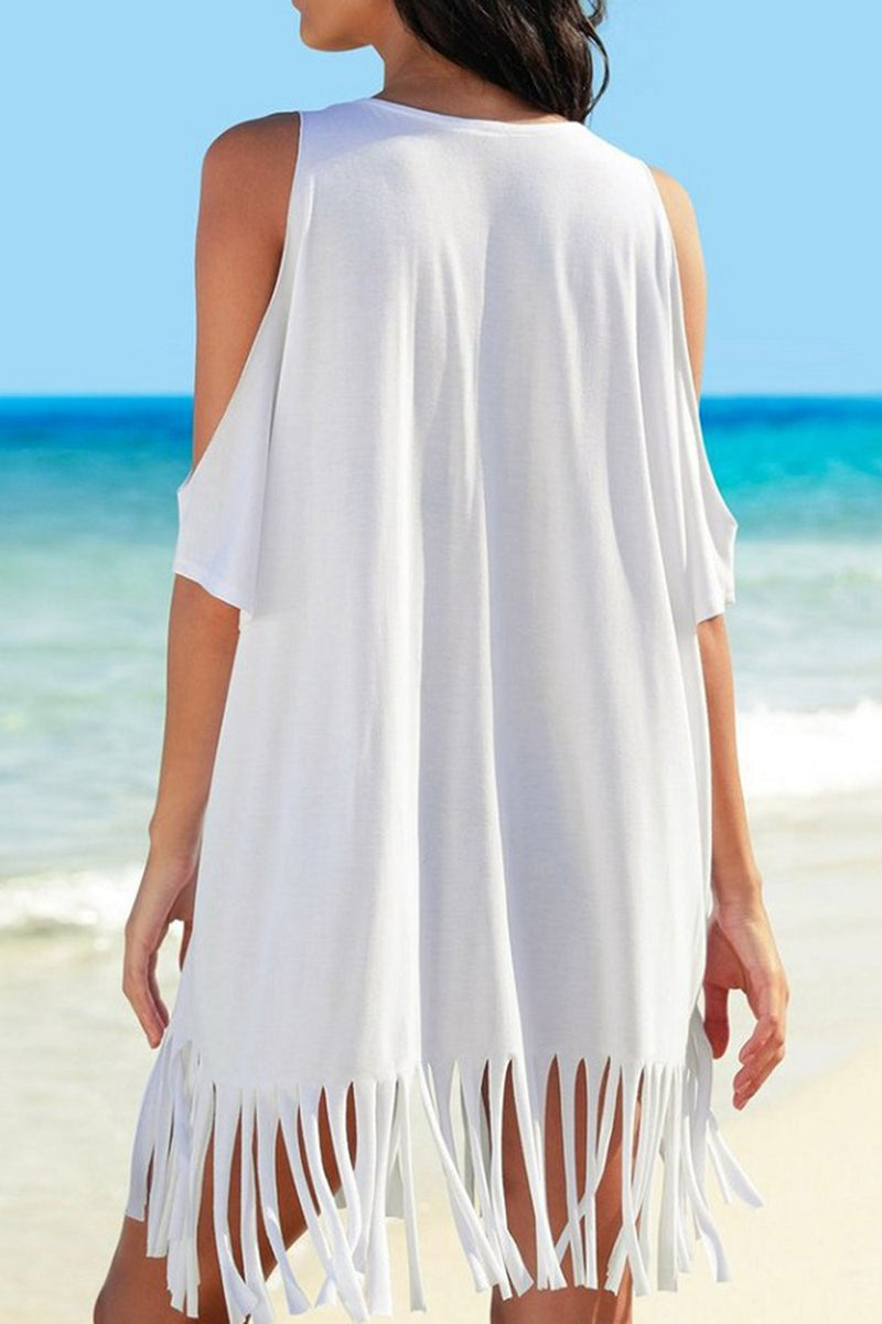 Fringe V-Neck Cold Shoulder Cover Up - Lindsay's Shop