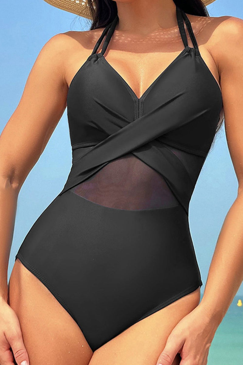 Front of black Crisscross Halter Neck One-Piece Swimwear - Lindsay's Shop