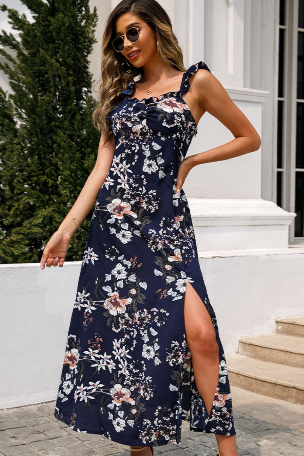 Floral Print Sleeveless Square Neck Slit Midi Dress - Lindsay's Shop