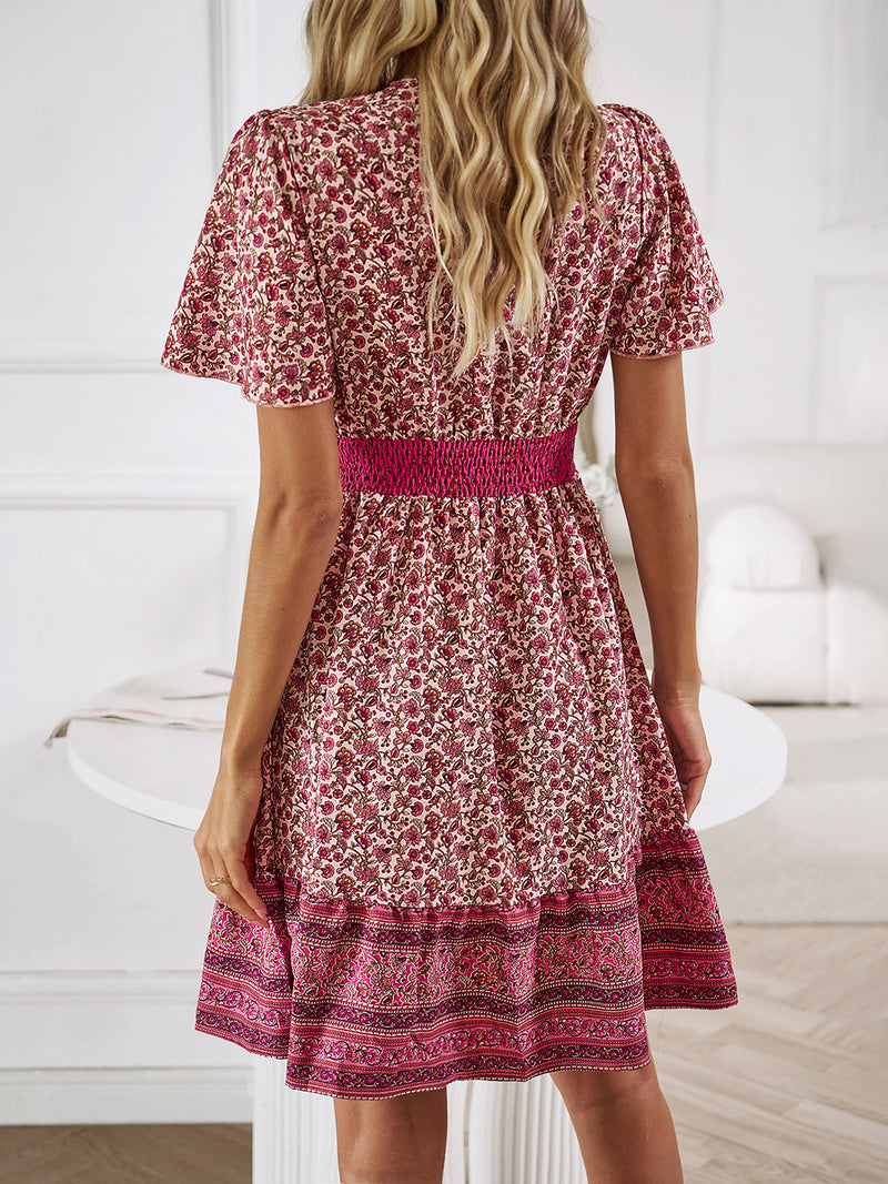 Devine Floral Smocked Waist Short Sleeve Mini Dress - Lindsay's Shop