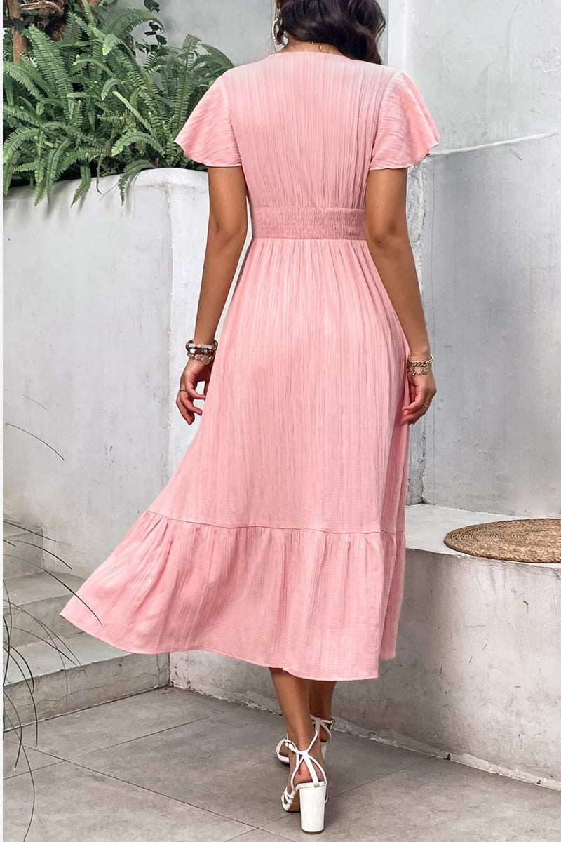 Surplice Neck Smocked Waist Flutter Sleeve Dress - Lindsay's Shop