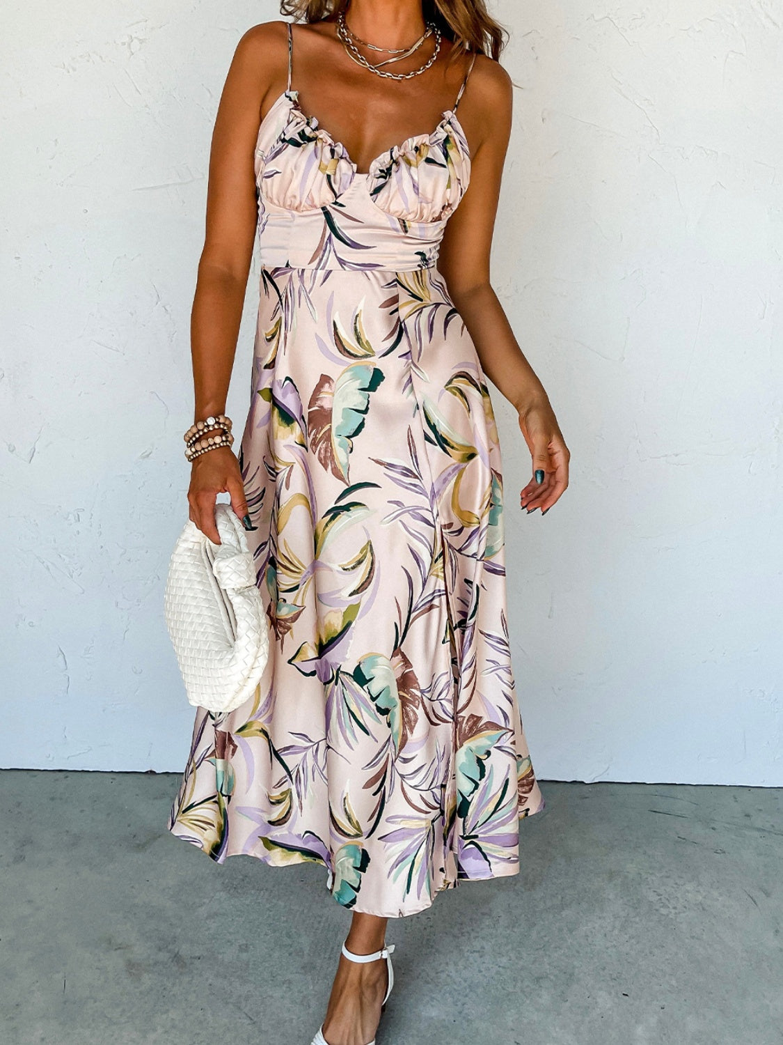 Slit Frill Printed Midi Cami Dress - Lindsay's Shop