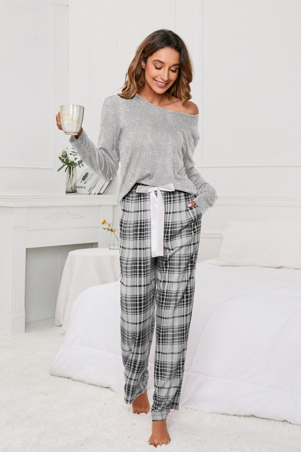 Round Neck Long Sleeve Top and Bow Plaid Pants Lounge Set - Lindsay's Shop