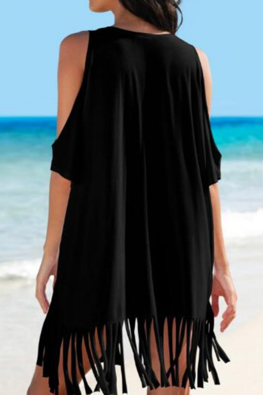 Fringe V-Neck Cold Shoulder Cover Up - Lindsay's Shop