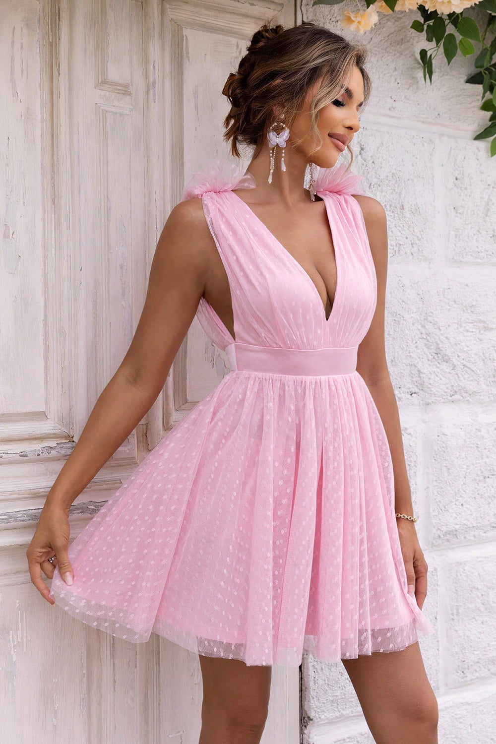 Side of pink Open Back Sleeveless Mesh Dress - Lindsay's Shop