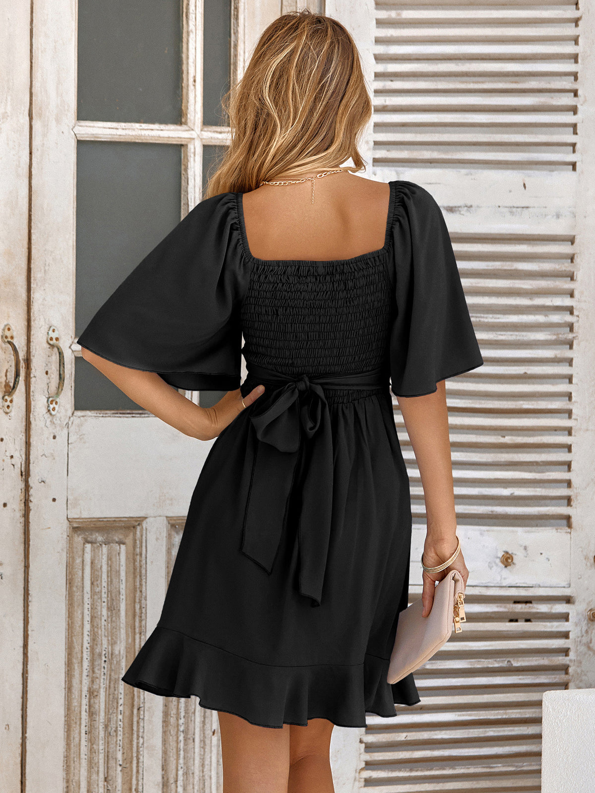 Smocked Tie Back Ruffle Hem Dress - Lindsay's Shop