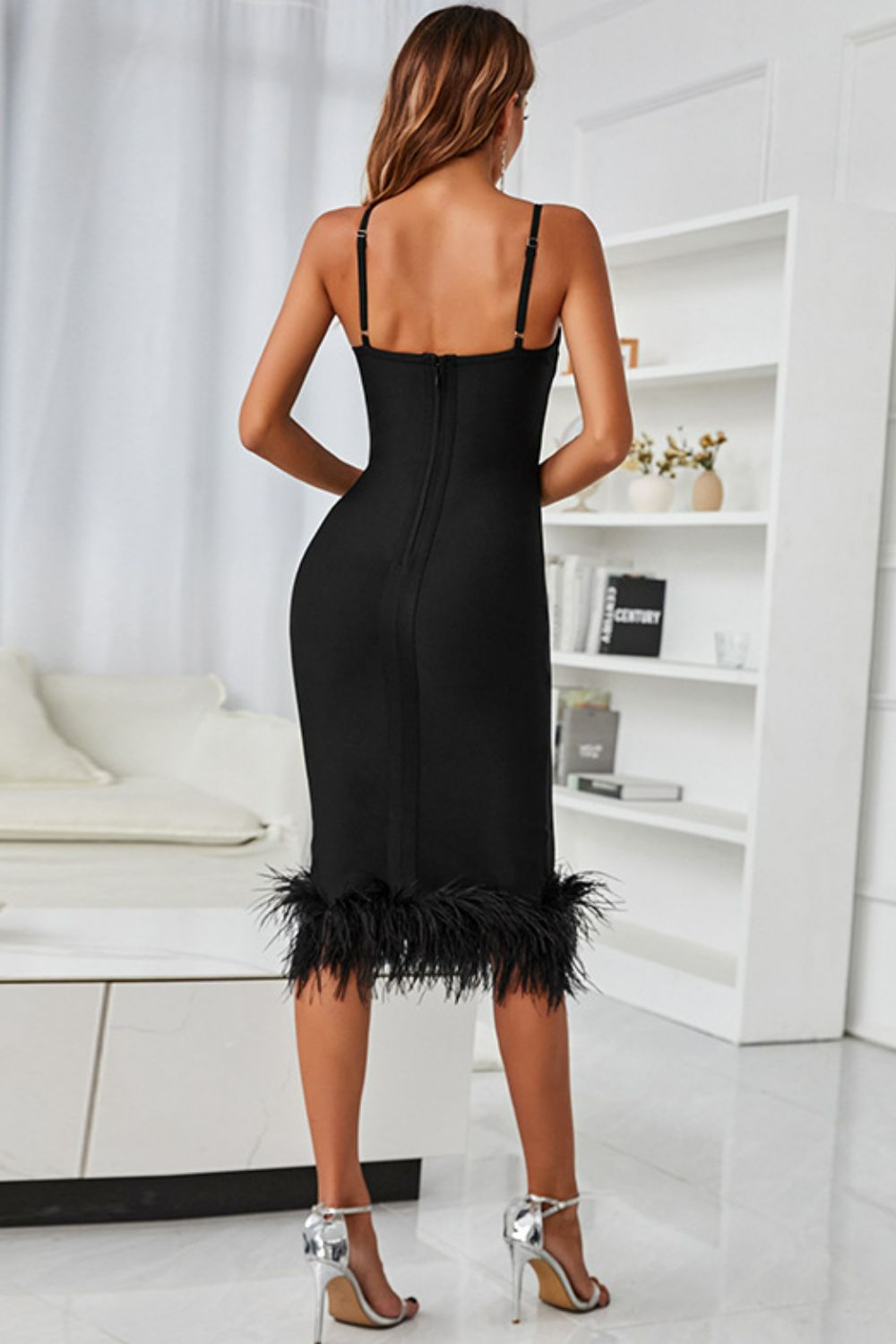 Spaghetti Strap Feather Trim Bodycon Dress - Lindsay's Shop