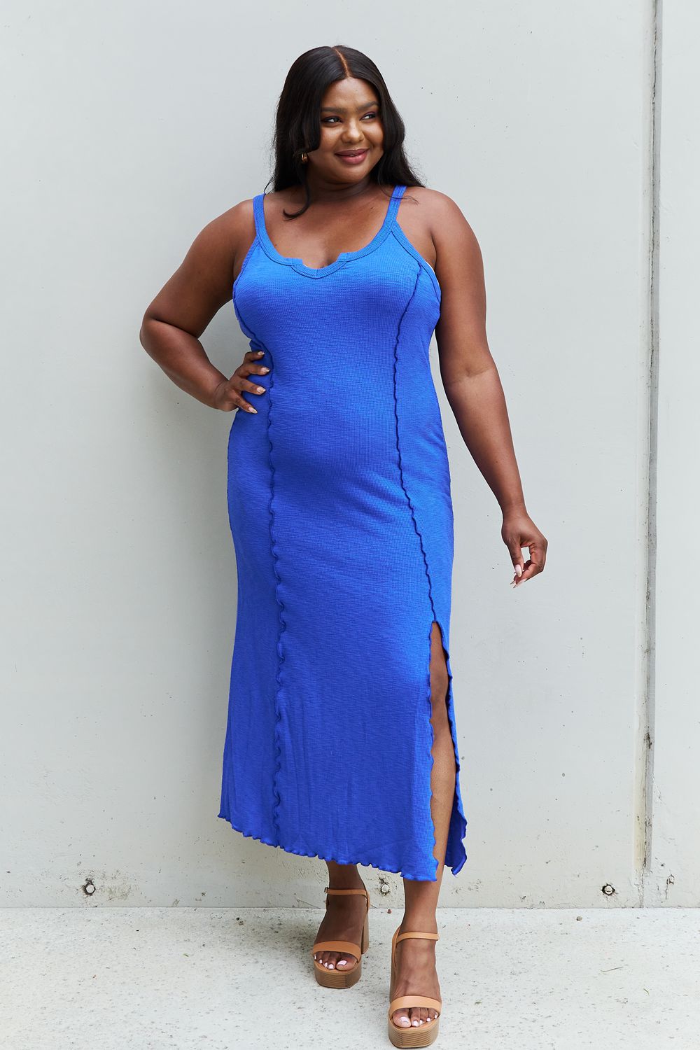 Culture Code Look At Me Full Size Notch Neck Maxi Dress with Slit in Cobalt Blue - Lindsay's Shop