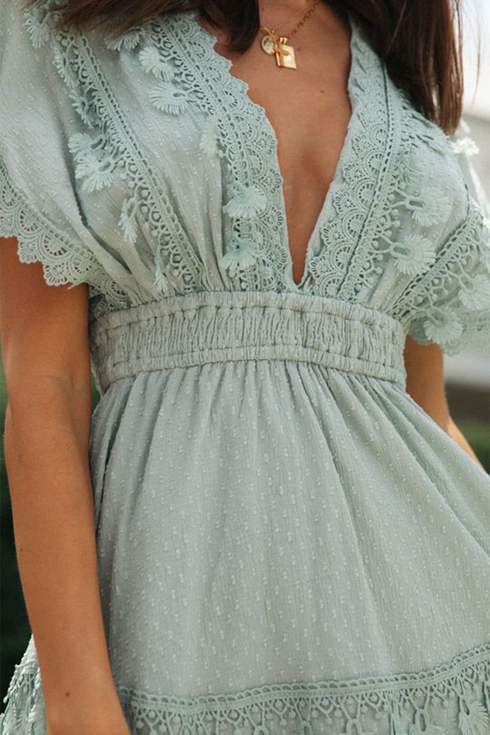 Lace Detail Plunge Short Sleeve Mini Dress - Lindsay's Shop