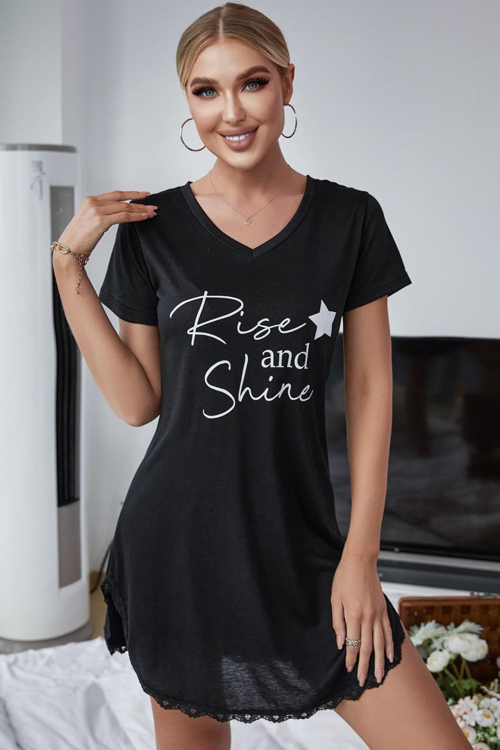 RISE AND SHINE Contrast Lace V-Neck T-Shirt Dress - Lindsay's Shop