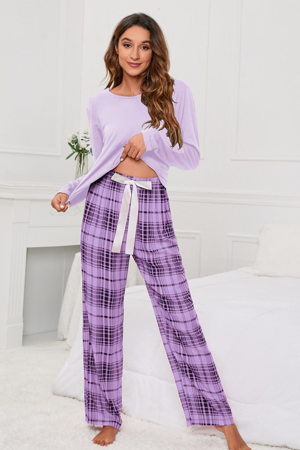 Round Neck Long Sleeve Top and Bow Plaid Pants Lounge Set - Lindsay's Shop