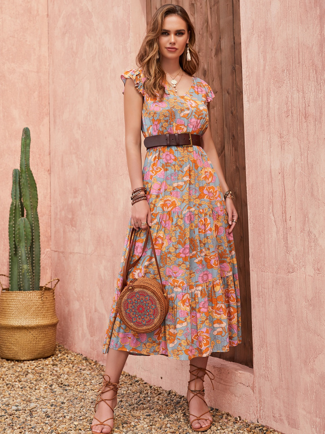 Ruffled Printed V-Neck Cap Sleeve Tiered Dress - Lindsay's Shop