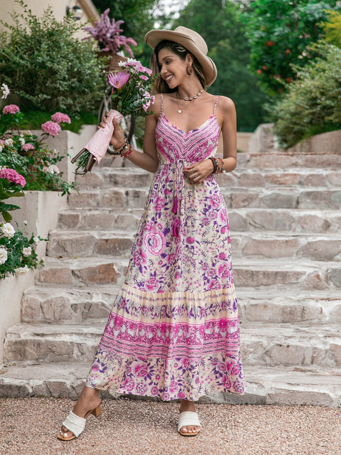 Tassel Printed V-Neck Maxi Dress - Lindsay's Shop