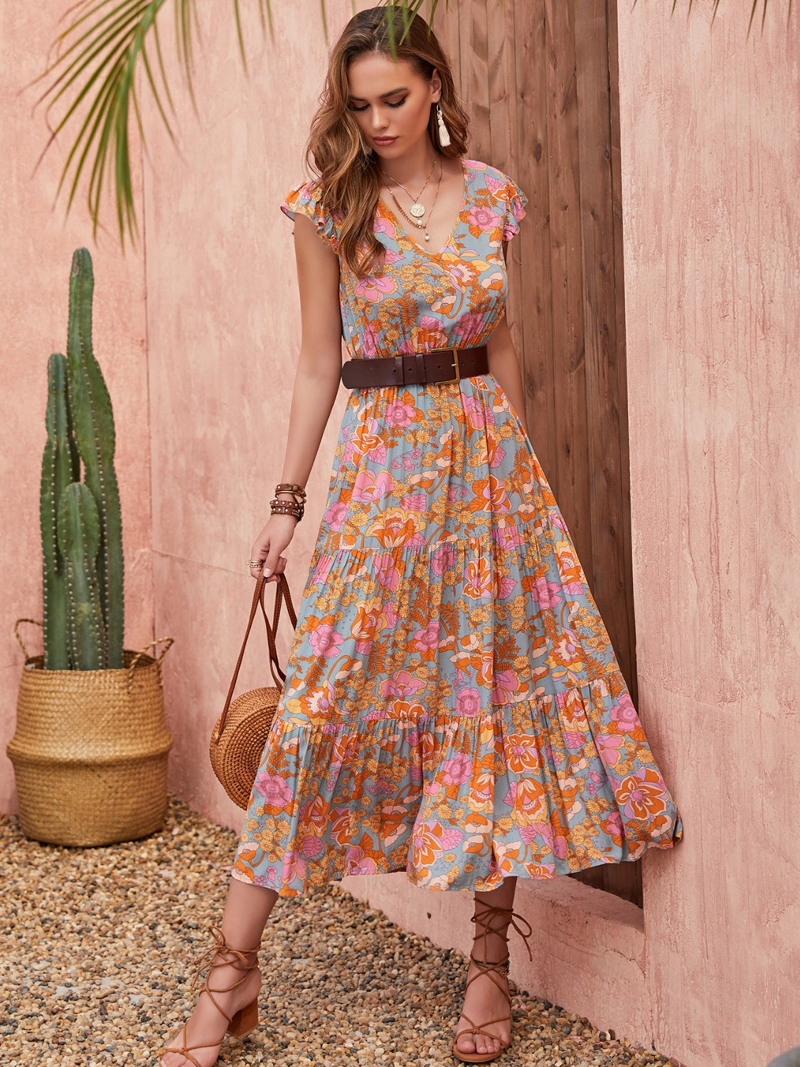 Ruffled Printed V-Neck Cap Sleeve Tiered Dress - Lindsay's Shop