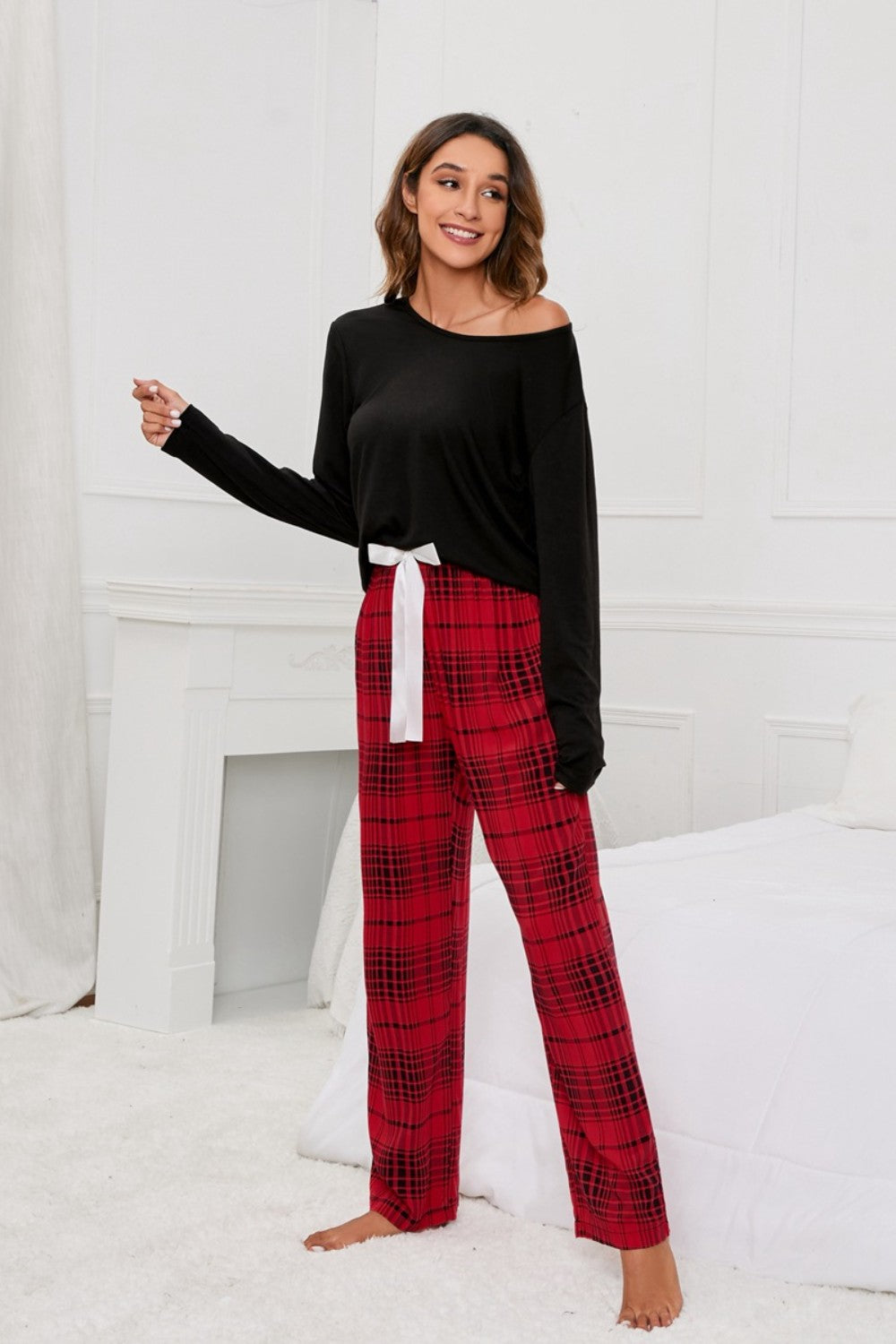 Round Neck Long Sleeve Top and Bow Plaid Pants Lounge Set - Lindsay's Shop