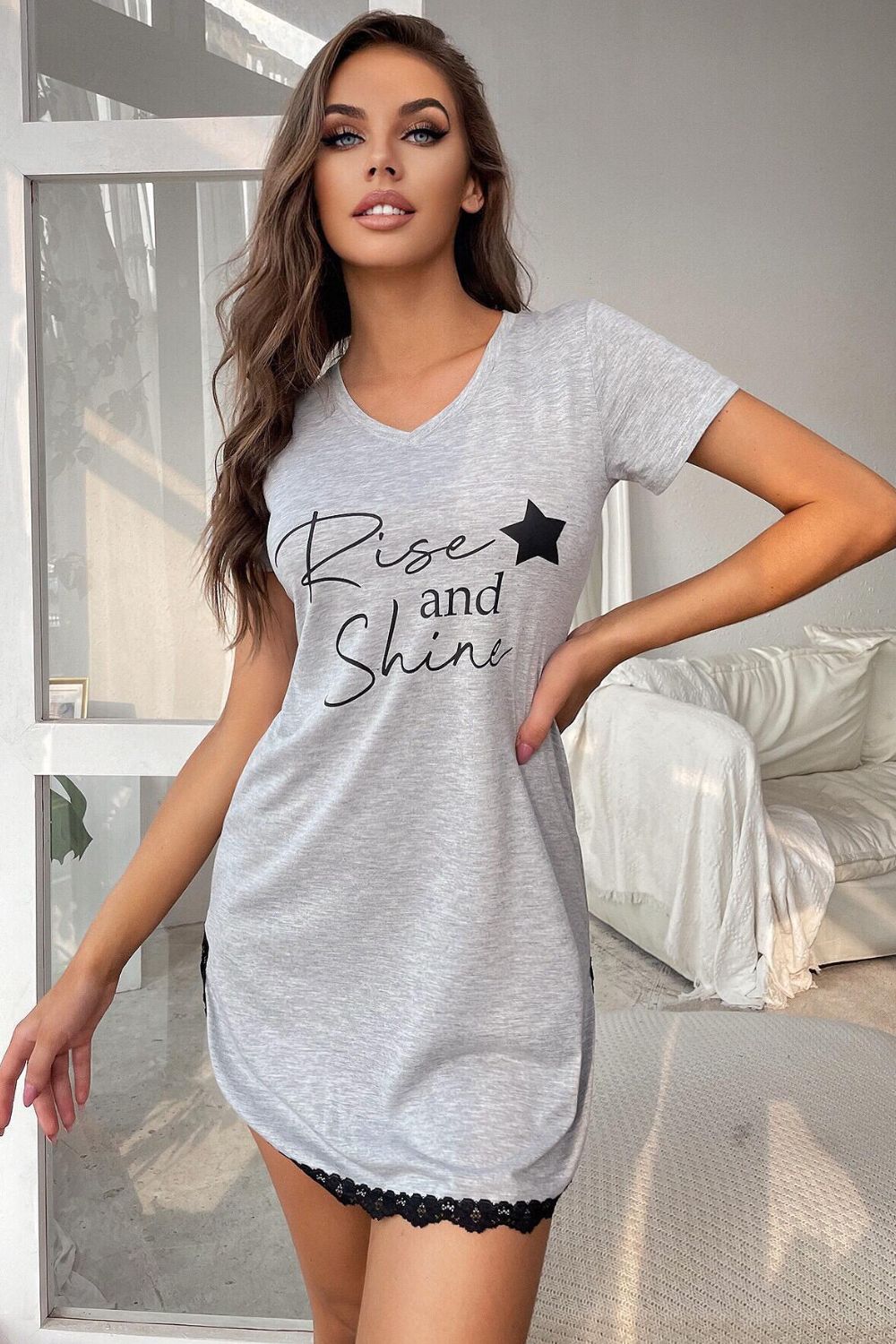 RISE AND SHINE Contrast Lace V-Neck T-Shirt Dress - Lindsay's Shop