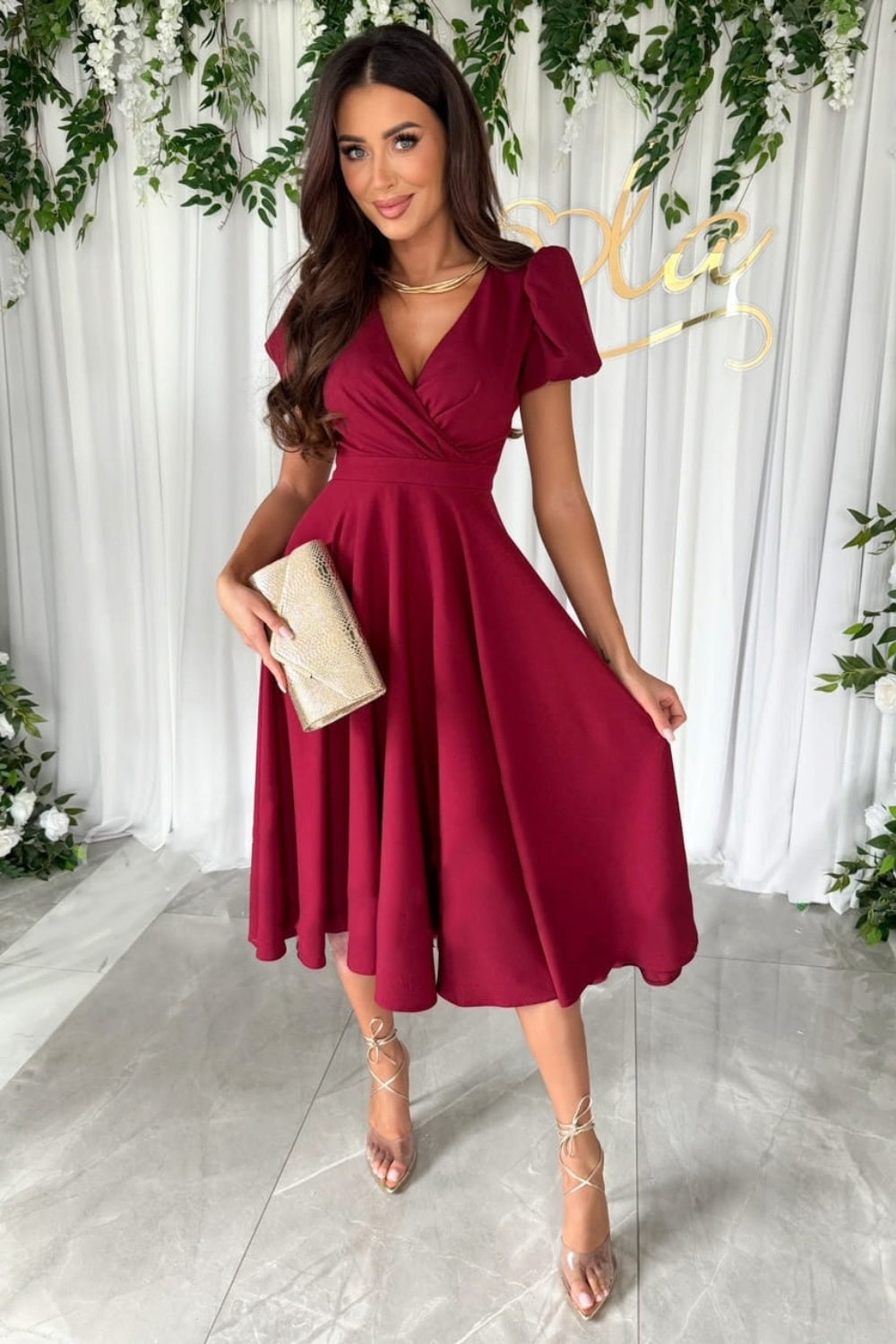 Surplice Puff Sleeve Midi Dress - Lindsay's Shop