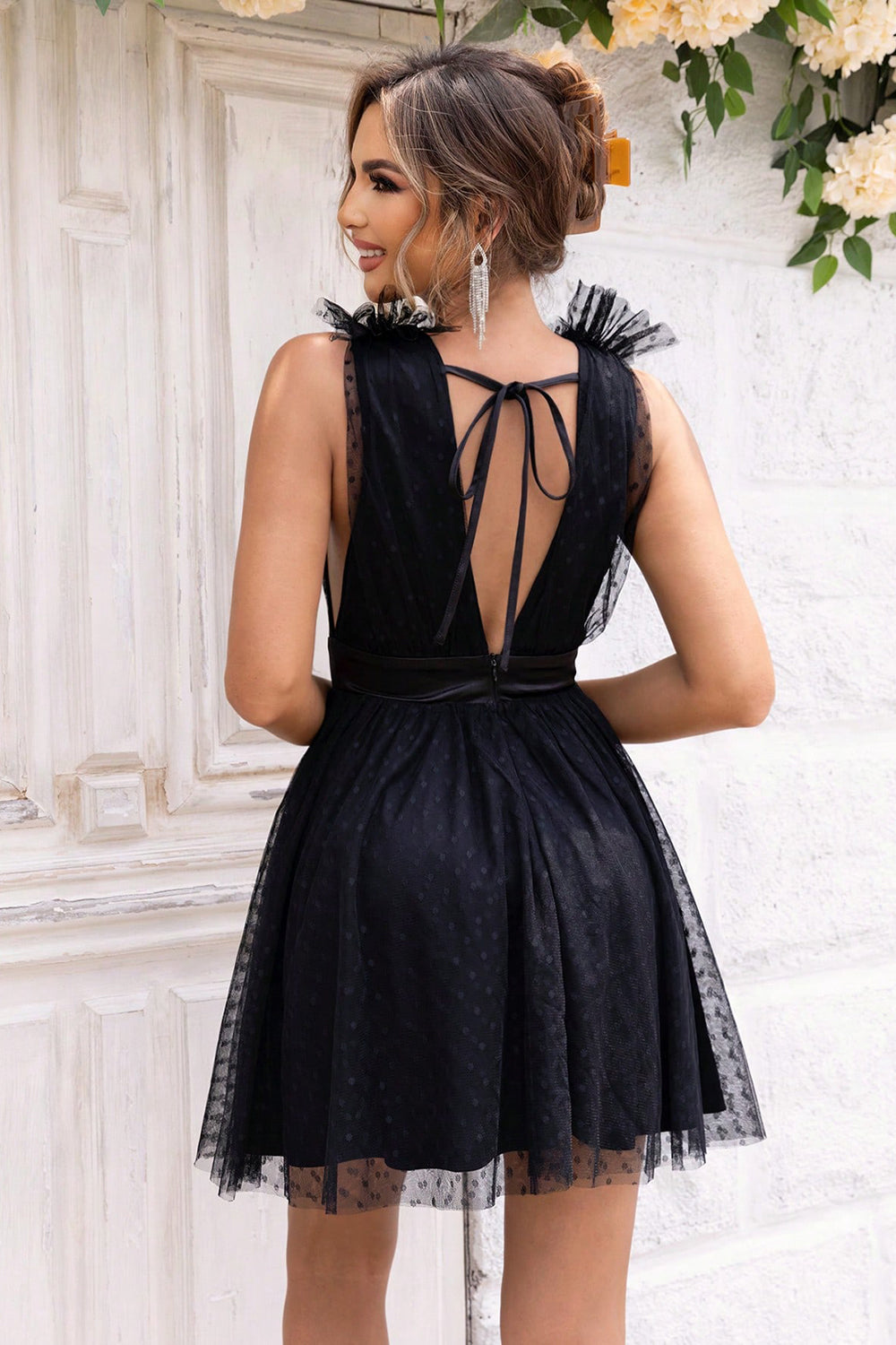 Back of black Open Back Sleeveless Mesh Dress - Lindsay's Shop