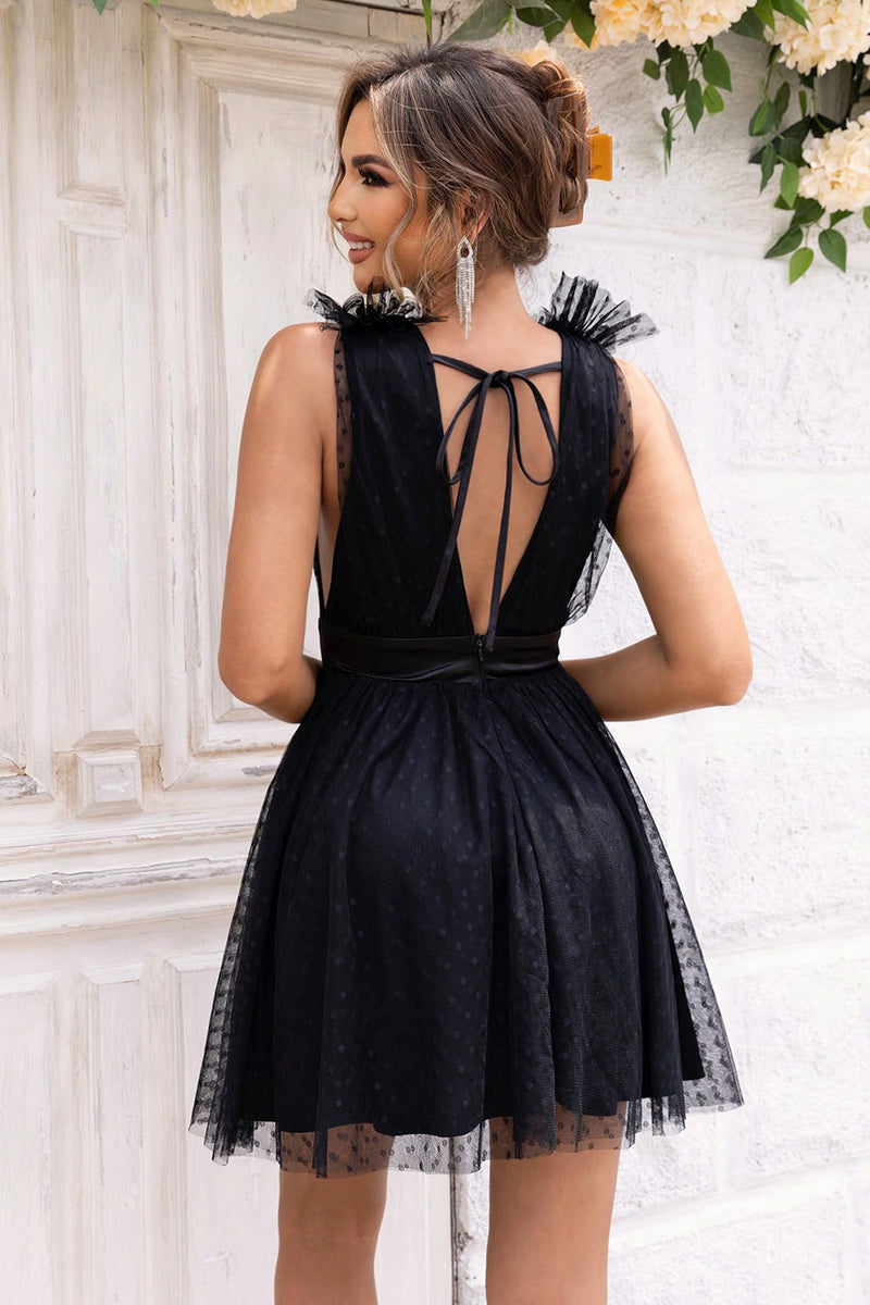 Back of black Open Back Sleeveless Mesh Dress - Lindsay's Shop